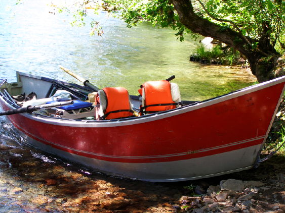 Drift boat on the river, ready for a Two Dudes Two Boats guided trip